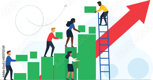 Diverse team of business professionals working together to build a growing bar graph, symbolizing shared success, financial growth, and teamwork