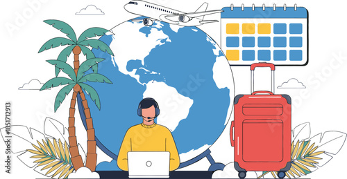 Travel agent or tourist planning a global vacation itinerary, checking flight availability and booking hotel dates using a laptop computer