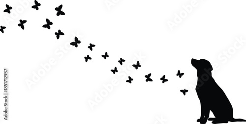 Dog silhouette releasing butterflies, whimsical transformation concept, vector illustration, pet imagination, freedom motif, nature and fantasy blend, playful elegant design