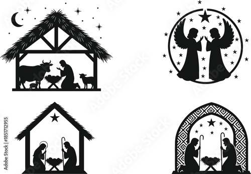 Classic black silhouette Nativity scenes and Christmas angel designs for holiday decorations, religious stencils, and greetings