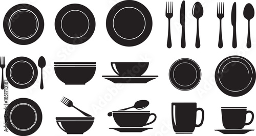 Black silhouettes of plates, bowls, cups, forks, knives, spoons