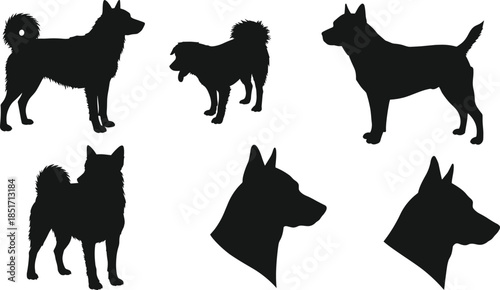 Dog silhouette collection, six black vector dogs in various poses, canine profile and full-body icons for logo, pet, breed study