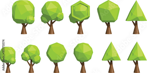 Set Of Low Poly Geometric 3D Trees In Different Shapes Isolated On A White Background Vector Graphic Collection