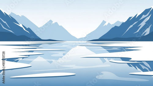 Serene icy lake with melting icebergs and majestic snow capped mountains under clear blue sky