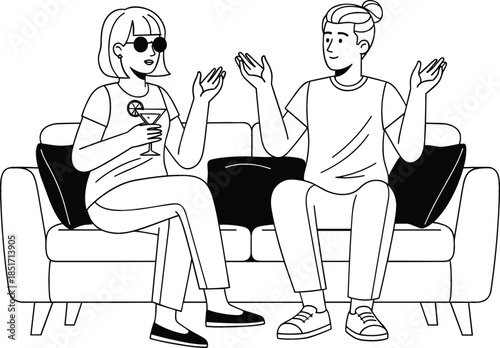 Two friends or coworkers having an animated discussion while sitting on a couch, with one person holding a cocktail and wearing sunglasses, drawn in a modern, minimal black-and-white vector style