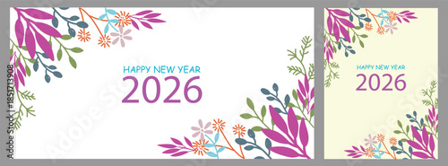 Modern Happy New Year 2026 banner and card set. Featuring elegant yellow florals, festive confetti, and stylish typography on white and yellow background. Ideal for holiday greetings and social media.