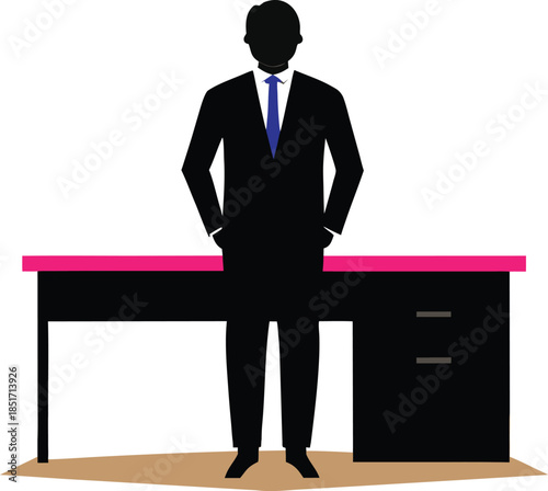 A confident professional businessman silhouette standing behind a modern desk with a blue tie