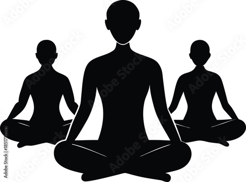 Three silhouettes meditating in lotus position on a white background, representing peace and mindfulness