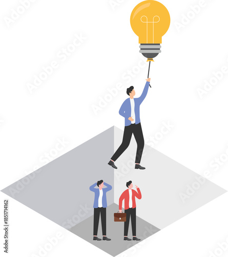Glowing light bulb leads the businessman to fly outside the box

