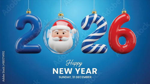 A vibrant 3D illustration featuring four hanging ornaments forming the digits '2026'. The '0' ornament contains a detailed bust of Santa Claus. The background is a deep blue gradient.