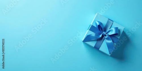 A Single Light Blue Gift Box with a Blue Ribbon Bow on a Light Blue Background