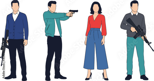 Flat vector illustration set of four people, men and a woman, holding different types of guns and automatic rifles, symbolizing security or violence