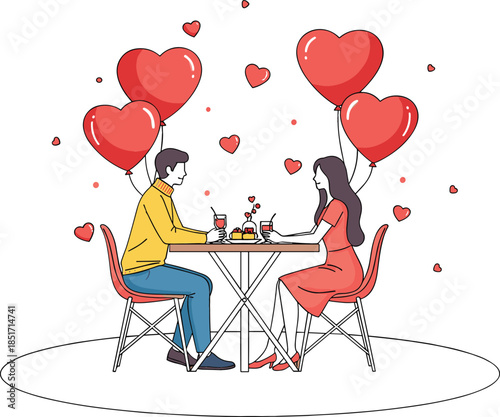 Line art vector illustration of a couple on a romantic dinner date with heart-shaped balloons, symbolizing love, celebration, and Valentine's Day