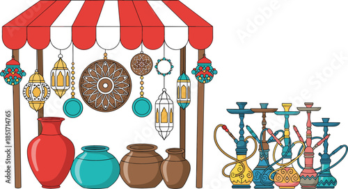 Flat vector illustration of a colorful Middle Eastern market stall selling traditional pottery, hanging lanterns, and ornate shisha or hookah pipes