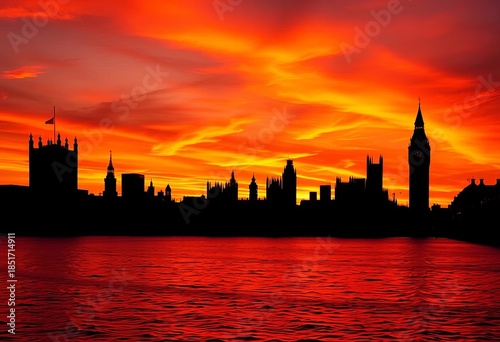 Iconic London skyline silhouette at sunset, dark against fiery orange sky, skyline, urban
