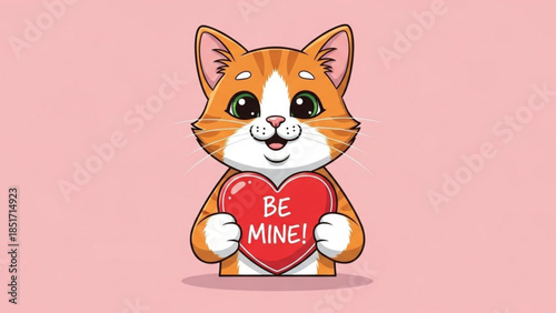 Cute Orange Cat Holding Red Heart with Be Mine Valentine's Day Message for Lovers and Friends