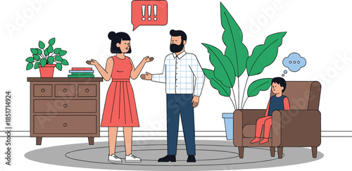 Flat vector illustration of a man and woman arguing with a child sitting sadly on a chair nearby, symbolizing family conflict and relationship problems