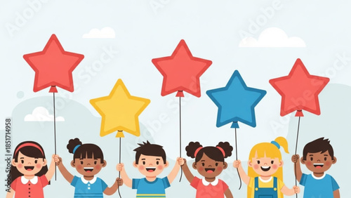 Colorful Diverse Children Holding Star Shaped Balloons in Joyful Celebration with Smiling Faces and Cloudy Sky Background Scene
