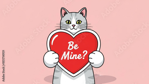 Cute Cartoon Cat Holding Red Heart Shaped Sign Be Mine Valentine's Day Gift Idea For Pet Lovers And Cat Owners Everywhere