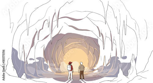 Duotone vector illustration of two explorers with backpacks standing at the bright entrance of a dark, crystalline stalactite cave