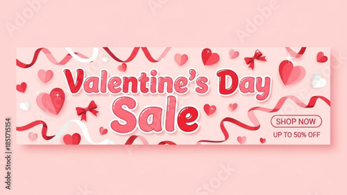 Valentine's Day Sale Banner Offer Up to 50% Off Discount Shopping Hearts Love Romance Gift Ideas