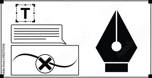 Monochrome vector illustration of an icon set for graphic design and computer software, featuring a pen tool, text box, and drawing elements