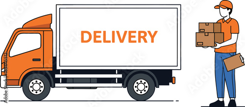 Flat vector illustration of an orange delivery courier truck with a driver holding multiple packages for logistics and shipping services