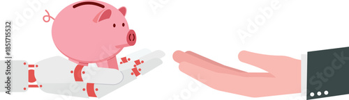 Robot Hand Handing Over a Piggy Bank to Human for Savings Concept

