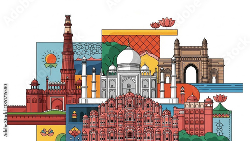 Vibrant Indian Landmarks Collage Illustration Featuring Famous Monuments Architecture