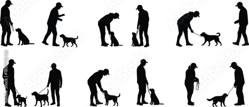 Dog training silhouette sequence, obedience lesson illustrations, trainer and dog interaction, teaching commands, leash and hand signals, service dog practice, behavioral training steps