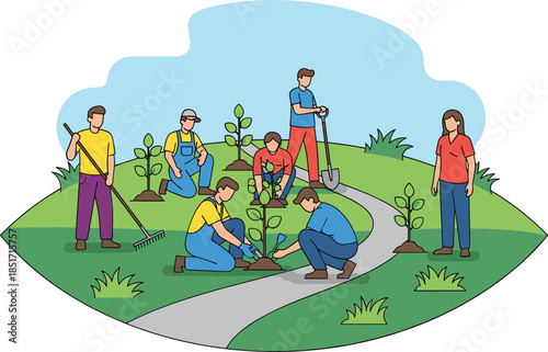 Flat vector illustration of a diverse group of people planting trees in a park, symbolizing community service, nature conservation, and environment