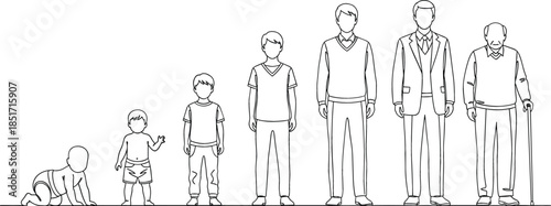 Black and white line art vector illustration of the male human life cycle and aging process, showing stages from baby (infant) to child, teenager, adult, and elderly man with a cane