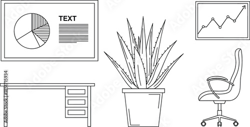 Black and white line art vector elements of an office workspace, including a desk, chair, pie chart, line graph, and potted aloe vera plant