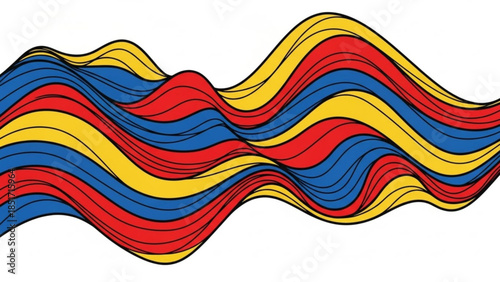 Vibrant wavy lines in red, blue, and yellow hues create dynamic colorful abstract art on white background