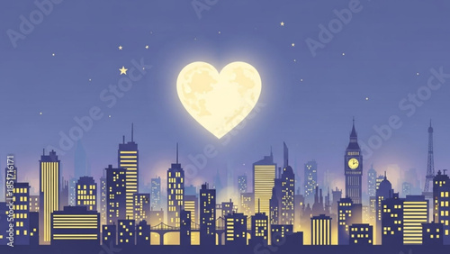 Heart Shaped Moonlit Cityscape Skyline with Glowing Buildings and Stars