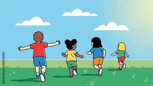 Four Diverse Children Running Freely Outdoors in Sunshine and Green Grass Field on a Beautiful Summer Day