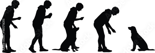 Dog training silhouette sequence, person teaching dog obedience, step-by-step commands and reinforcement, sitting cue, positive reinforcement, human-animal interaction vector illustration