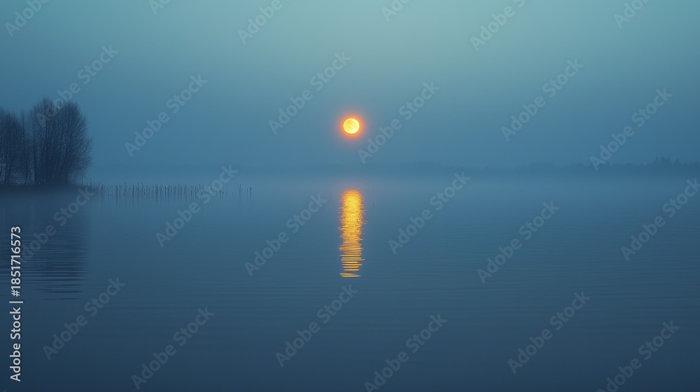 Fototapeta premium Foggy sunrise over calm water reveals a golden sun reflecting on the lake in tranquil early morning