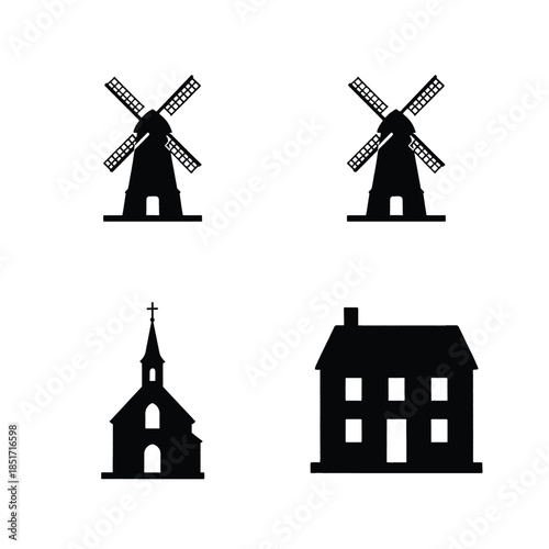 Collection of black building silhouettes including windmills church and house windmill silhouette