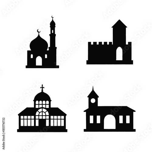 Collection of four black building silhouettes on white background mosque minaret