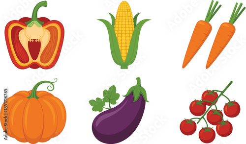 Fresh organic vegetable set with red bell pepper corn on the cob carrots pumpkin eggplant and cherry tomatoes