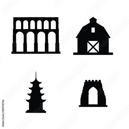 Four Black Silhouette Building Icons Aqueduct Barn Pagoda Keywords: building, icon, silhouette, aqueduct, arches