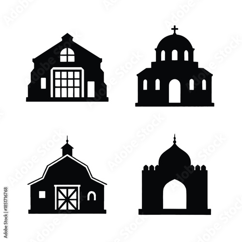 Black silhouettes of barn church mosque and industrial building icons barn silhouette