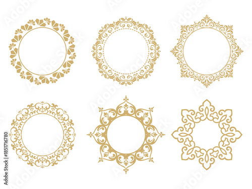 Set of decorative frames Elegant vector element for design in Eastern style, place for text. Floral golden and white borders. Lace illustration for invitations and greeting cards