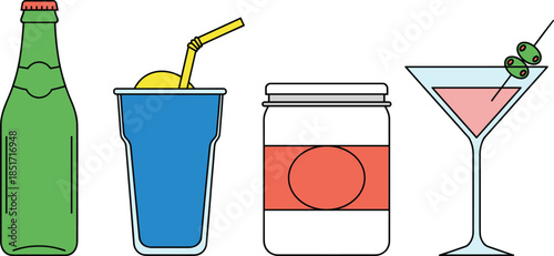 Minimalist beverage icon set with green glass bottle blue soda cup white jar and pink martini cocktail glass