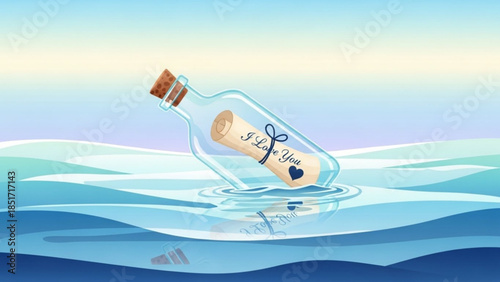 Romantic Message in a Bottle Floating on Ocean Waves with I Love You Note Inside, Heartfelt Expression of Love