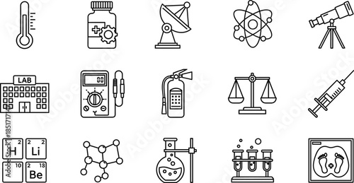 Science and laboratory research line icon set with chemistry flask telescope atom model medicine bottle and physics equipment
