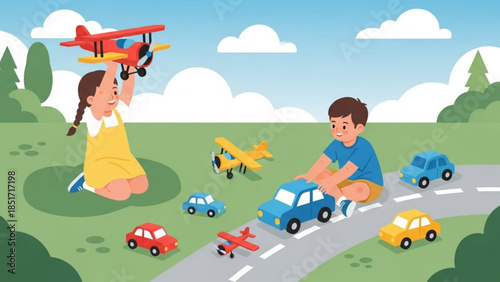 Children Playing with Toy Airplanes and Cars on a Sunny Day Outdoors in a Green Field with Blue Sky