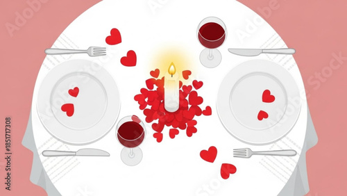 Romantic Valentine's Day Dinner Setup with Candlelit Table for Two Lovers in a Cozy Ambiance with Red Hearts