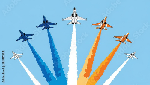 Fighter Jets Soar in Formation with Colorful Smoke Trails on Clear Blue Sky Background